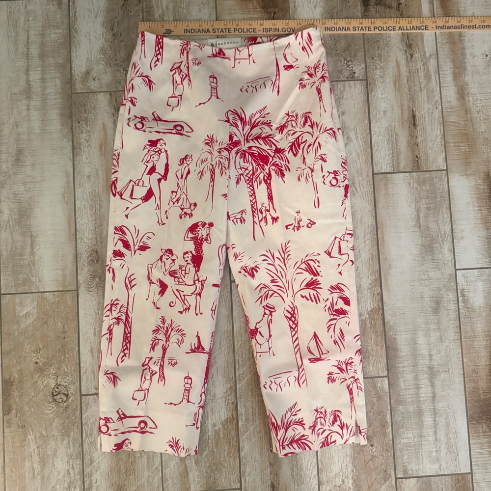 &Trousers Womens 10 Red White Tropical Toile Print Cropped Pants Made in USA